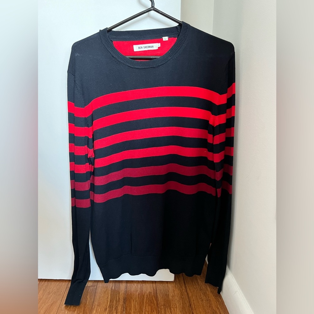 Ben Sherman Mens Size Medium Red & Blue Striped Crew Neck Pullover Sweater